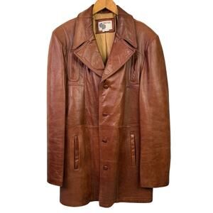 Silton Long Brown Leather Coat Vintage 44 Long 70's Rocker Trench Jacket Retro
